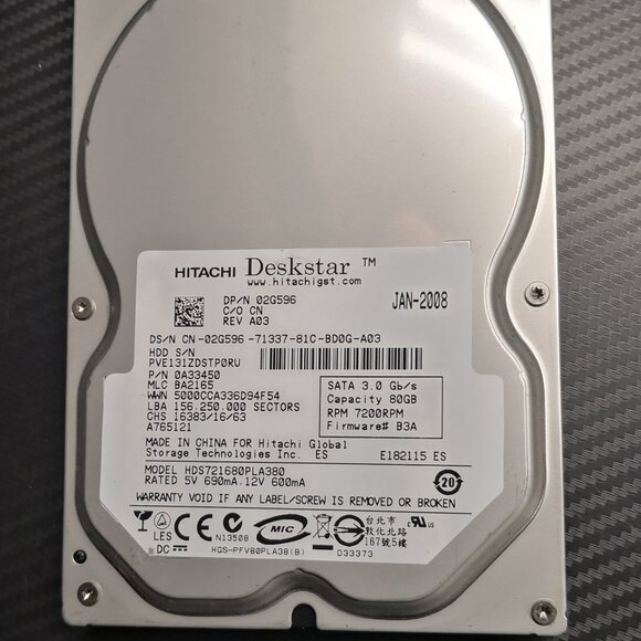 80GB Hitachi Deskstar 7200RPM 3.5" SATAIII HDD Hard Drive. TESTED. WORKS! - Picture 1 of 6
